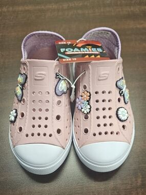 Skechers Girls Light Pink Foamies Slip-On Clogs with Floral & Butterfly Charms